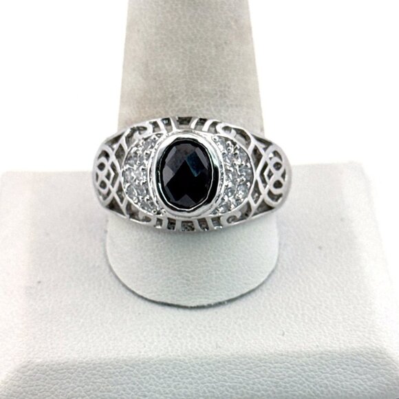 Designer Jewelry - Estate Sterling Silver 925 Ring Black Oval Stone & Clear Accents Size 12, 7g